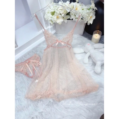 Váy ngủ ren tơ chấm bi nhí kèm chip xuyên thấu bèo viền Loại 1 - Hube Sleepwear 285k 10