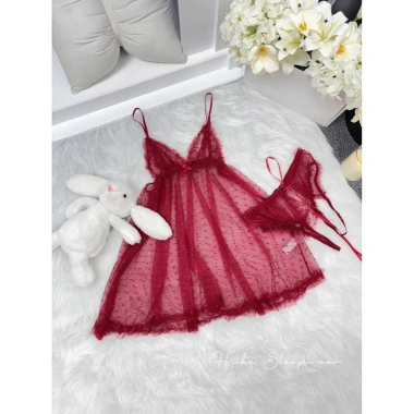 Váy ngủ ren tơ chấm bi nhí kèm chip xuyên thấu bèo viền Loại 1 - Hube Sleepwear 285k 11