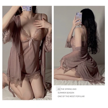 Váy ngủ sexy kèm áo choàng, đầm ngủ hai dây ren voan mỏng xuyên thấu mềm mại - MUSE STUDIO MS003 chỉ 99.681₫