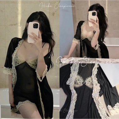 Váy ngủ voan lụa + áo choàng viền ren, nơ ngực xuyên thấu - Loại 1, chỉ 285k Váy ngủ voan lụa + áo choàng viền ren, nơ ngực xuyên thấu - Loại 1, chỉ 285k
