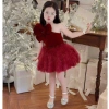Váy Noel bé gái Cherry Kids đỏ nhung, áo lệch vai, chân váy xoè rộng, 10-30kg