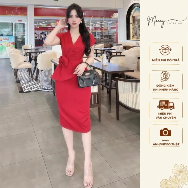 Váy Nữ Công Sở Tay Ngắn Cổ Vest Hoa Eo, Đầm Bút Chì Ôm Body Vải Mango, Size 40‑65kg - 165k