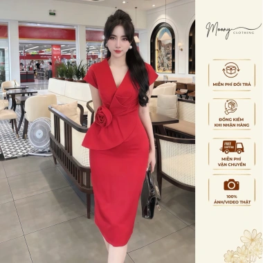 Váy Nữ Công Sở Tay Ngắn Cổ Vest Hoa Eo, Đầm Bút Chì Ôm Body Vải Mango, Size 40‑65kg - 165k