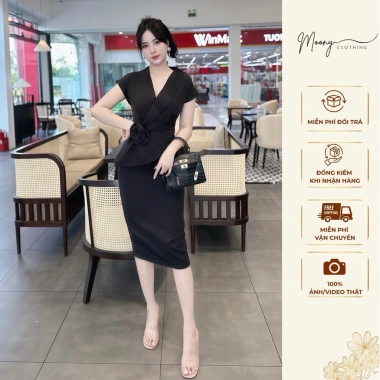 Váy Nữ Công Sở Tay Ngắn Cổ Vest Hoa Eo, Đầm Bút Chì Ôm Body Vải Mango, Size 40‑65kg - 165k