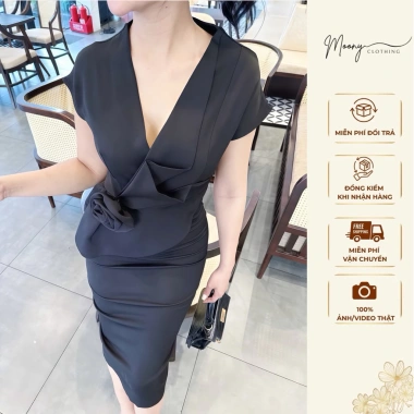 Váy Nữ Công Sở Tay Ngắn Cổ Vest Hoa Eo, Đầm Bút Chì Ôm Body Vải Mango, Size 40‑65kg - 165k