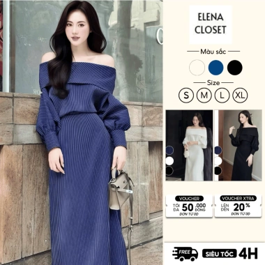 Váy Nữ Sang Chảnh Dài Tay Trễ Vai Mùa Đông Đầm Dự Tiệc Thanh Lịch V28E 346k