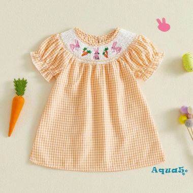 Váy Phục Sinh Bé Gái Aqua Thỏ Dễ Thương Cà Rốt Thêu Ngắn Tay Bong Bóng Kẻ Sọc 4