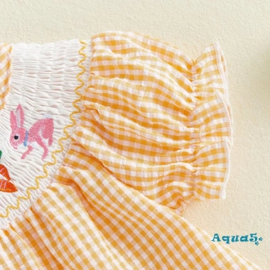 Váy Phục Sinh Bé Gái Aqua Thỏ Dễ Thương Cà Rốt Thêu Ngắn Tay Bong Bóng Kẻ Sọc 7