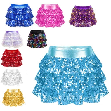 Váy Quần Short Kim Sa Lấp Lánh Bé Gái - Culottes Co Giãn Dây Thắt Lưng, Khiêu Vũ Sân Khấu