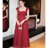 Váy ren kim sa cổ vuông cúp ngực xoè dài, đầm tiệc Tết sang trọng, không thắt lưng, Giá 469k