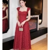 Váy ren kim sa cổ vuông cúp ngực xoè dài, đầm tiệc Tết sang trọng, không thắt lưng, Giá 469k 8