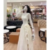 Váy ren phối tơ dài xẻ tà hoa, cổ tròn - Thời trang tiệc du lịch, giảm 20%