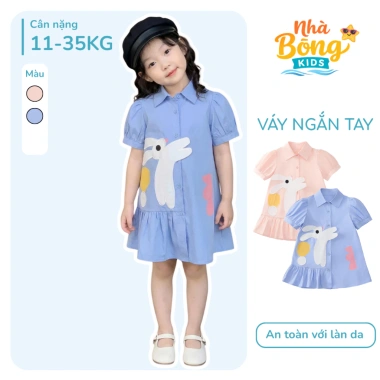 Váy sơ mi bé gái dáng chữ A tay phồng họa tiết thỏ dễ thương - Giá 188k