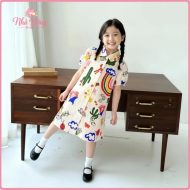 Váy sơ mi bé gái tay ngắn họa tiết hoạt hình dễ thương, vải mềm, thoáng mát nhà bông 2