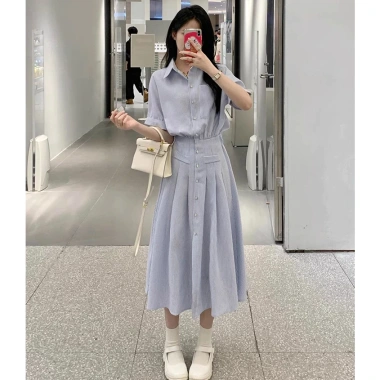 Váy sơ mi dài nữ VSM01 xanh dài - Thắt eo, phù hợp công sở & đi biển, 286.000 VND