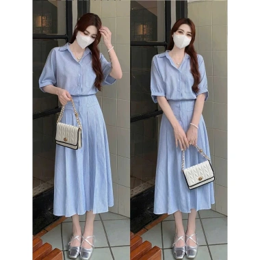 Váy sơ mi dài nữ VSM01 xanh dài - Thắt eo, phù hợp công sở & đi biển, 286.000 VND