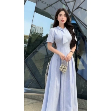 Váy sơ mi kẻ VSM28 đầm dài công sở thanh lịch cổ nơ tiểu thư Firstdateclothing 239k