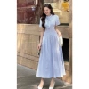 Váy sơ mi kẻ VSM28 đầm dài công sở thanh lịch cổ nơ tiểu thư Firstdateclothing 239k 3