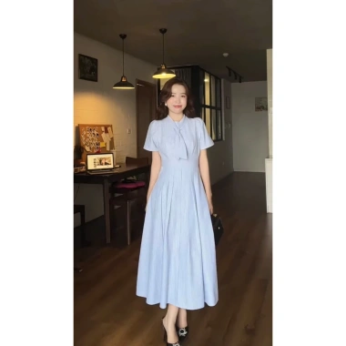 Váy sơ mi kẻ VSM28 đầm dài công sở thanh lịch cổ nơ tiểu thư Firstdateclothing 239k