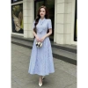 Váy sơ mi kẻ VSM28 đầm dài công sở thanh lịch cổ nơ tiểu thư Firstdateclothing 239k 8