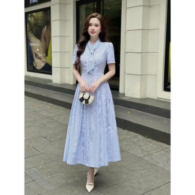 Váy sơ mi kẻ VSM28 đầm dài công sở thanh lịch cổ nơ tiểu thư Firstdateclothing 239k
