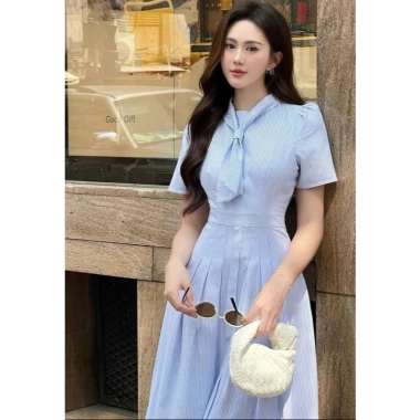 Váy sơ mi kẻ VSM28 đầm dài công sở thanh lịch cổ nơ tiểu thư Firstdateclothing 239k