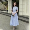 Váy sơ mi kẻ VSM28 đầm dài công sở thanh lịch cổ nơ tiểu thư Firstdateclothing 239k 10