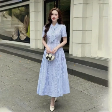 Váy sơ mi kẻ VSM28 đầm dài công sở thanh lịch cổ nơ tiểu thư Firstdateclothing 239k