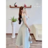 Váy tapta trễ vai nhún xẻ quạt, tặng hoa - Giá chỉ 527.000₫, giảm mạnh 3