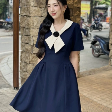 Váy thiết kế cổ vạt chéo hoa trà thanh lịch, nhẹ nhàng, Bigsize V20 – 374k