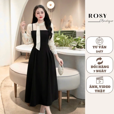 Váy thiết kế Rosy dài phối tơ, cổ nơ xoè che khuyết điểm - Giá chỉ 280.000 VND