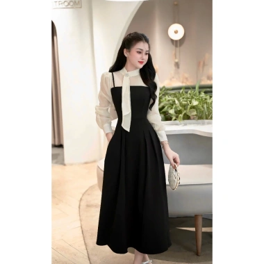 Váy thiết kế Rosy dài phối tơ, cổ nơ xoè che khuyết điểm - Giá chỉ 280.000 VND 3
