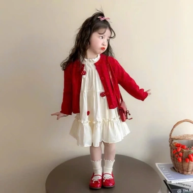 Váy thu đông bé gái baby doll dài tay áo khoác đỏ tiểu thư 10-30kg Tini Kids - Giá 175k 2