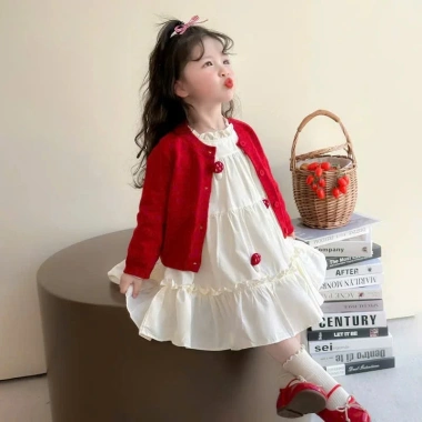 Váy thu đông bé gái baby doll dài tay áo khoác đỏ tiểu thư 10-30kg Tini Kids - Giá 175k 4