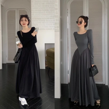 Váy thun dài tay xoè dáng dài khoét lưng V quyến rũ thời trang thu đông 2.022