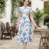 Váy Tiểu Thư MDU4.528 hoa xanh pastel in nổi bật trên nền trắng ngà - Sang trọng, giá 565k