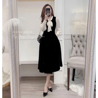 Váy tiểu thư nhung xòe, sơ mi voan, thắt nơ to - Đầm công sở MONOKA size S-L
