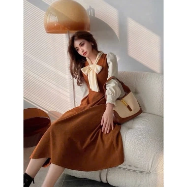 Váy tiểu thư nhung xòe, sơ mi voan, thắt nơ to - Đầm công sở MONOKA size S-L