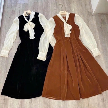 Váy tiểu thư nhung xòe, sơ mi voan, thắt nơ to - Đầm công sở MONOKA size S-L