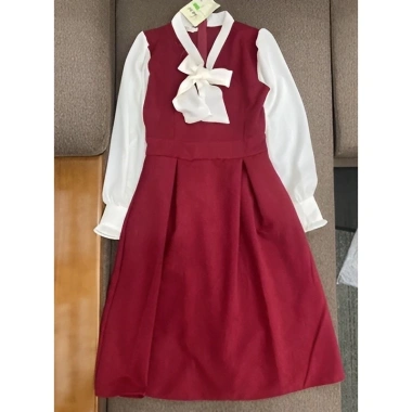 Váy tiểu thư nhung xòe, sơ mi voan, thắt nơ to - Đầm công sở MONOKA size S-L