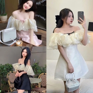 Váy tiểu thư trễ vai viền bèo voan tơ, đầm dự tiệc chữ A xoè, hở vai bánh bèo, kỷ yếu Hàn Quốc SUBA 58k