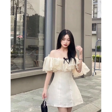 Váy tiểu thư trễ vai viền bèo voan tơ, đầm dự tiệc chữ A xoè, hở vai bánh bèo, kỷ yếu Hàn Quốc SUBA 58k