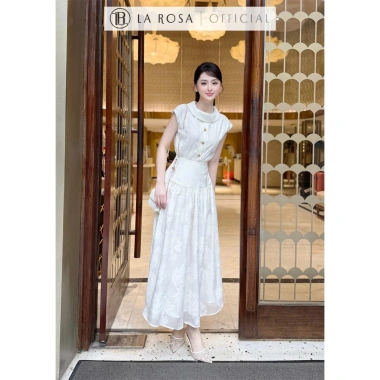 Váy Tơ Hoa Tiểu Thư La Rosa – áo tay hến, cổ tròn, chân váy cạp cao, dáng xoè 519.000₫
