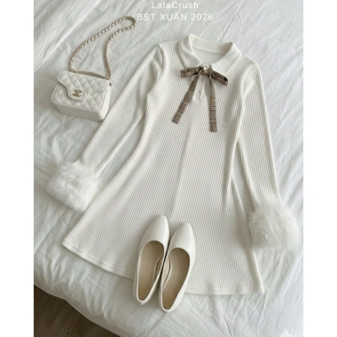 Váy trắng xòe Ivy Dress cổ bèo tay lông vũ len - Lễ hội Noel và Tết, chụp ảnh café, giảm giá 355k