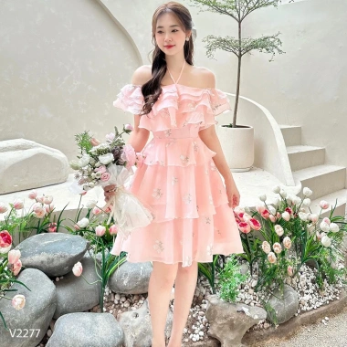 Váy trễ vai bèo tầng dây cổ V2.277 Kymie - Thiết kế thanh lịch, giảm còn 312.000 VND