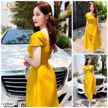 Váy vàng tafta DVC dự tiệc dáng A xòe cổ V lệch sang - Giá ưu đãi 465.000đ