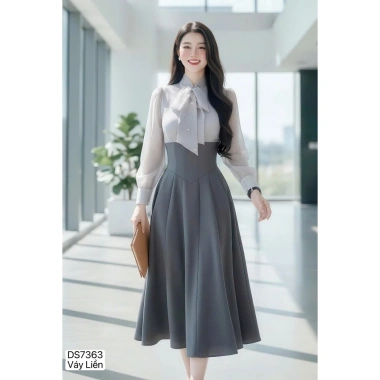 Váy Xòe DVC Ghi Cổ Nơ Phối Tơ DS7.363 - Dolce Viva Collection - Giá 520k