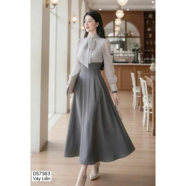 Váy Xòe DVC Ghi Cổ Nơ Phối Tơ DS7.363 - Dolce Viva Collection - Giá 520k