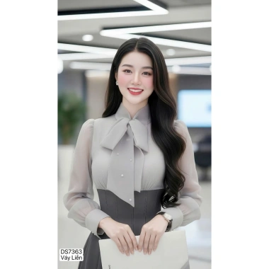 Váy Xòe DVC Ghi Cổ Nơ Phối Tơ DS7.363 - Dolce Viva Collection - Giá 520k