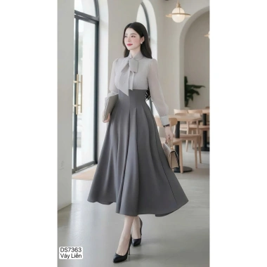 Váy Xòe DVC Ghi Cổ Nơ Phối Tơ DS7.363 - Dolce Viva Collection - Giá 520k